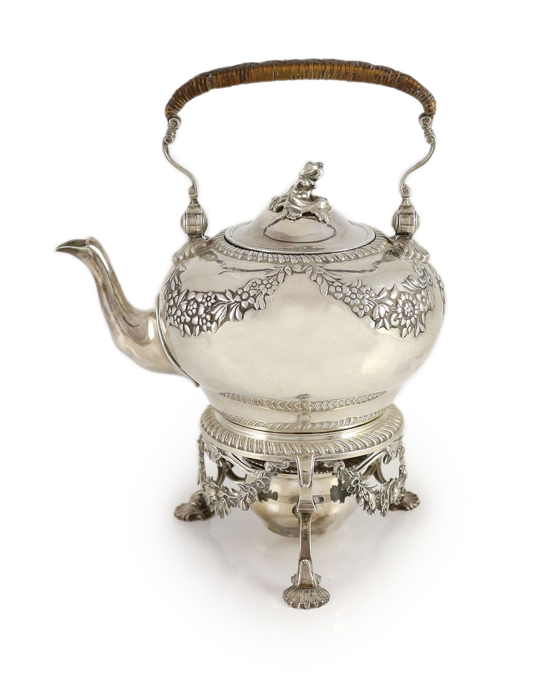 A George II silver spirit kettle on stand with burner, by Paul Crispin